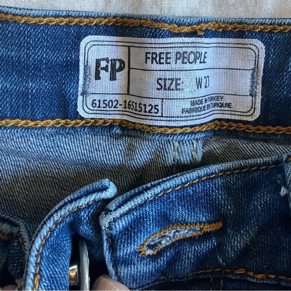 Free People Dark Blue High-Rise Skinny Jeans with Frayed Hem